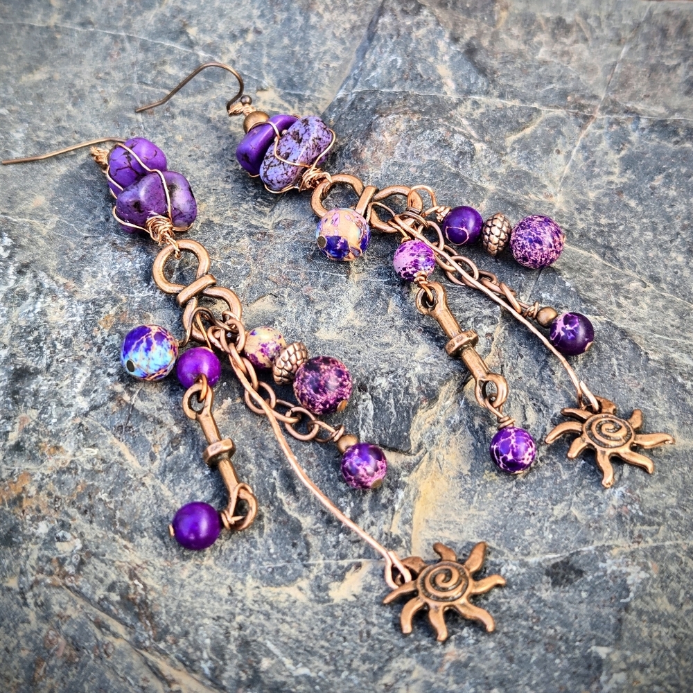 Dusk Dancer's Purple Turquoise & Imperial Jasper In Long Bohemian Earrings